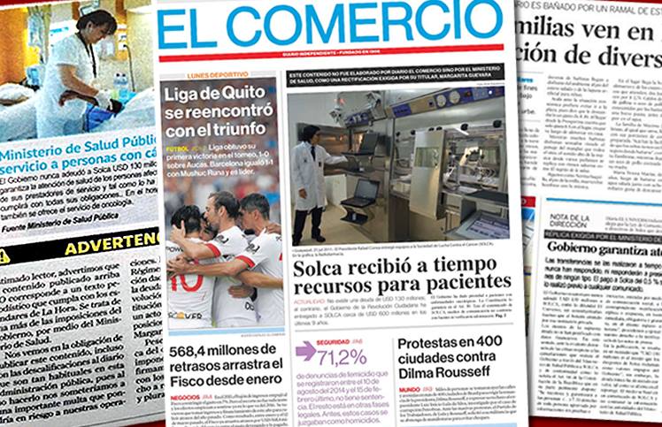 Diarios sacrifican parcialmente sus primeras planas obligados a publicar contenidos diseñados por el Ministerio de Salud