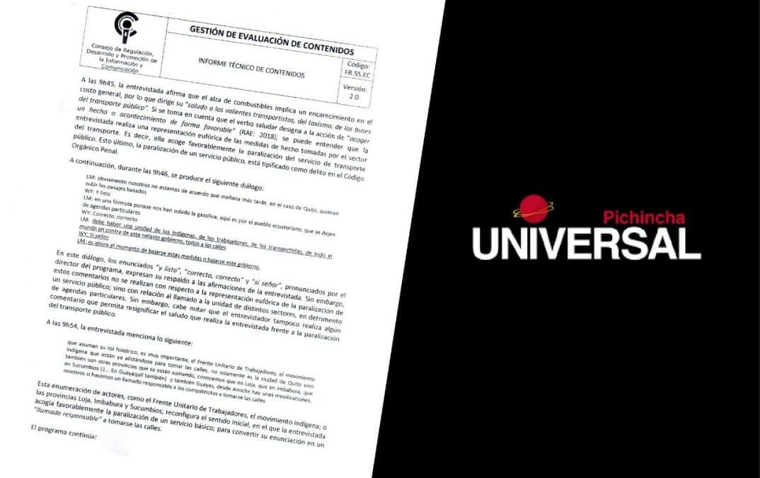 Interpretaciones del informe que sancionó a Radio Pichincha Universal: subjetivas y arbitrarias
