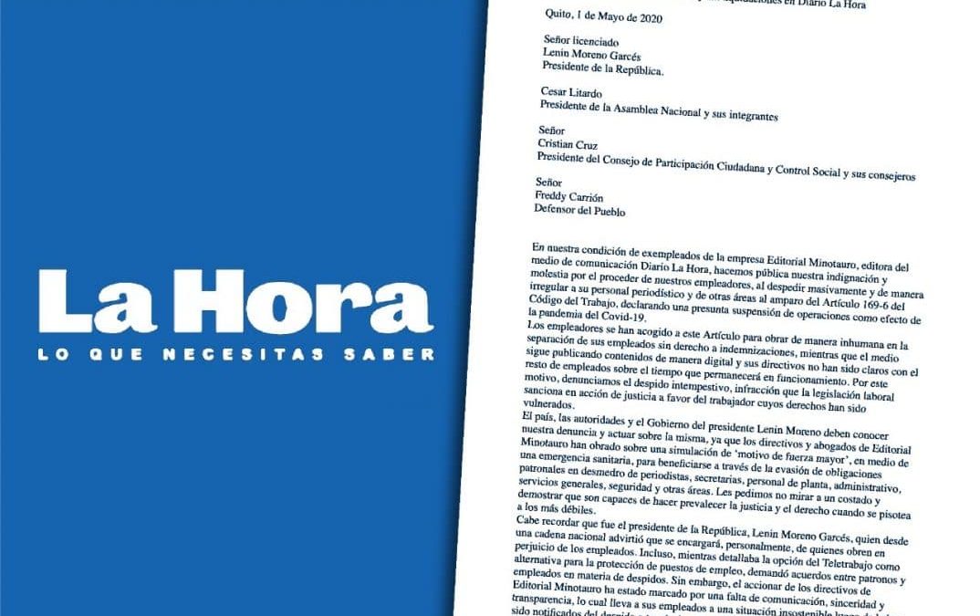 Exempleados de Diario La Hora denuncian despidos masivos injustificados y exigen que se respeten sus derechos laborales