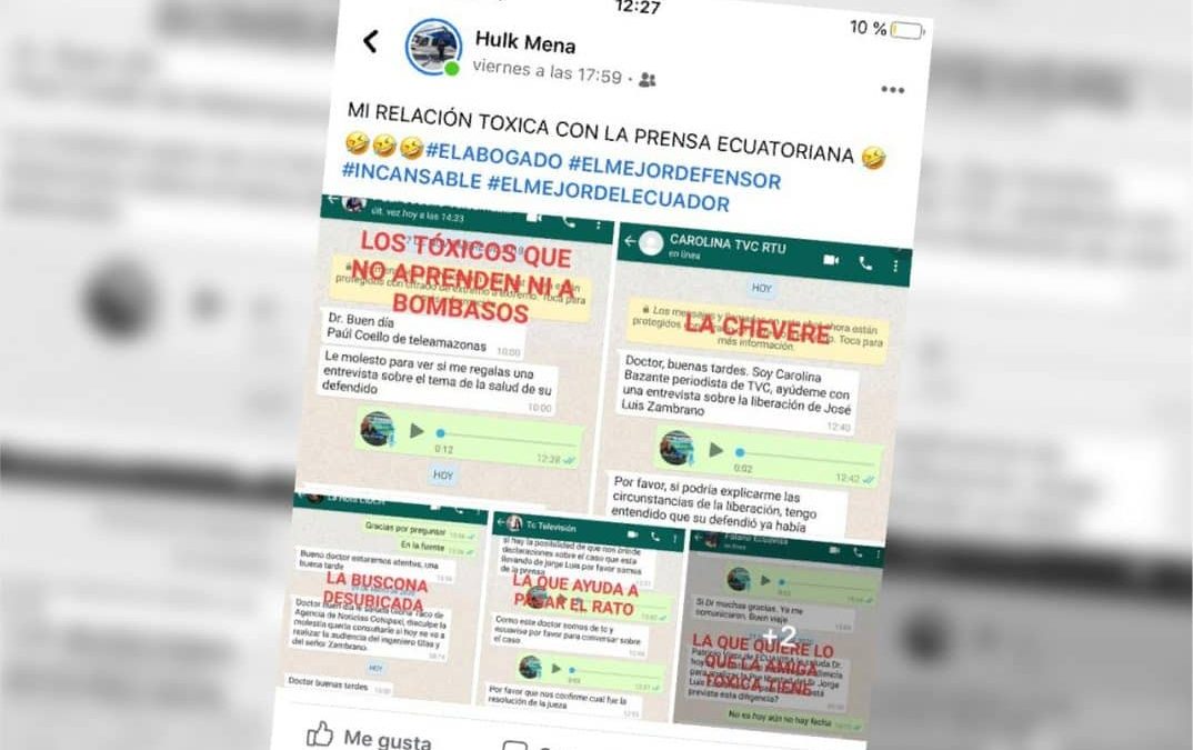 Abogado de exvicepresidente ecuatoriano denosta a periodistas y los intimida con mensajes en Facebook