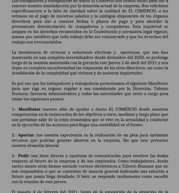 Periodistas de Grupo El Comercio reclaman transparencia y mejores condiciones de trabajo.