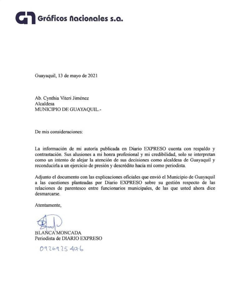 Alcaldesa de Guayaquil lanza discurso estigmatizante contra periodista de diario Expreso 