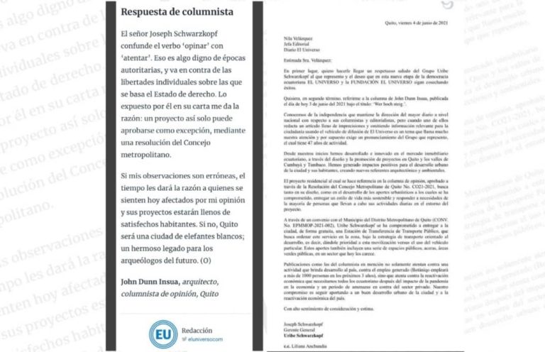 Inmobiliaria acusa a columnista de El Universo de atentar contra el desarrollo del Ecuador 
